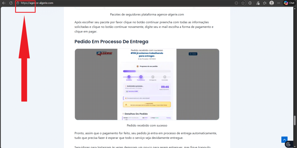 Como saber se um site é confiável para comprar seguidores Instagram - print do site da Agence Algerie com o https:// indicando o certificado SSL do site
