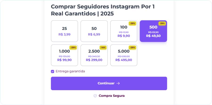 Escolha seu pacote de seguidores e clique no botão continuar - agence-algerie