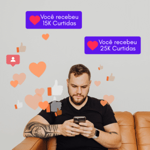 Jovem olhando no celular e recebendo milhares de curtidas Instagram
