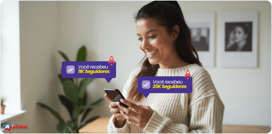 Mulher feliz por ter comprado seguidores Instagram