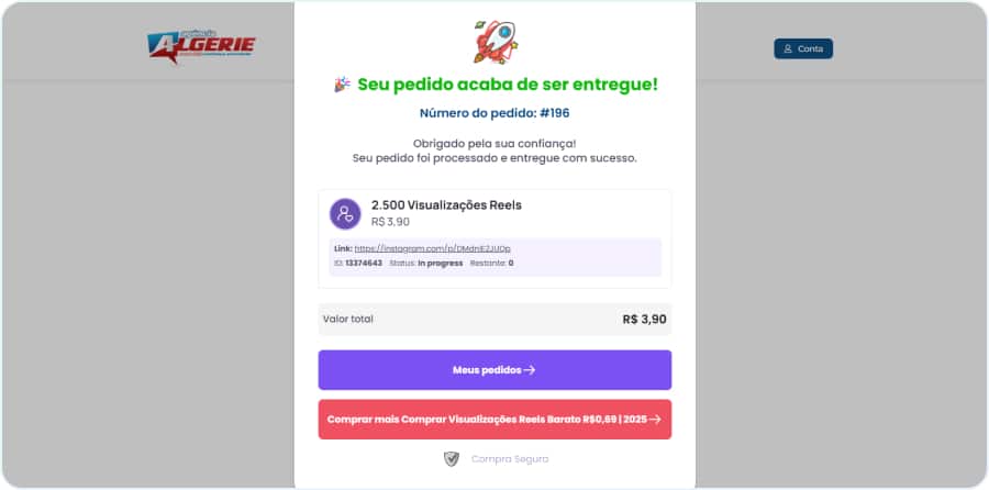 Modal exemplo mostrando que pedido foi entregue com sucesso